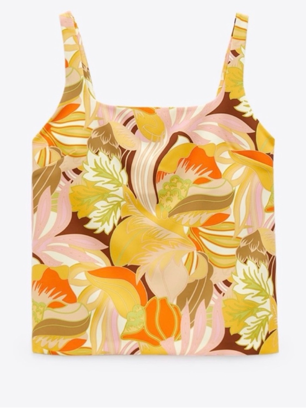 ZARA Floral Retro Print Square Neck Tank Top - Yellow, Orange, Pink SZ S